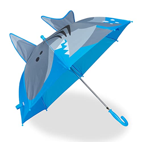 Relaxdays Regenschirm Kinder, 3D Motiv Hai, Kinderregenschirm Junge & Mädchen, Ø 78 cm, Kleiner Stockschirm, blau/grau von Relaxdays