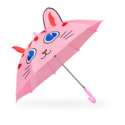 Relaxdays Regenschirm Kinder, 3D Motiv Katze, Kinderregenschirm Mädchen, Ø 78 cm, Polyester, Kleiner Stockschirm, rosa von Relaxdays