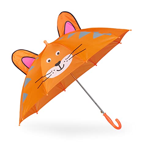 Relaxdays Regenschirm Kinder, 3D Motiv Tiger, Kinderregenschirm Junge & Mädchen, Ø 78 cm, Kleiner Stockschirm, orange von Relaxdays