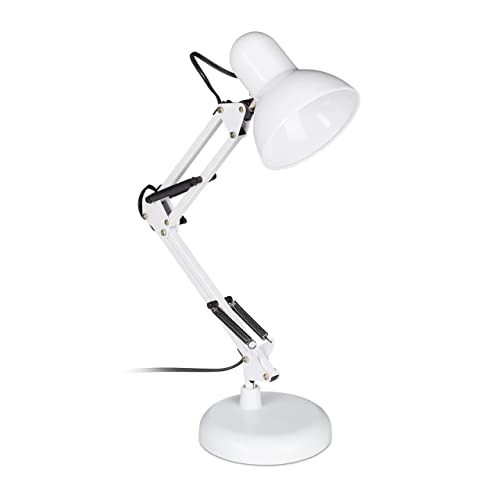 Relaxdays Retro Schreibtischlampe, Gelenk-Arm, schwenkbar, Büro Leselampe, Metall, E27, HxBxT: 50 x 27 x 15 cm, weiß von Relaxdays