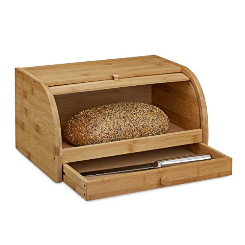 Relaxdays Rollbrotkasten mit Schublade, Bambus, aromadicht, Brotkasten mit Rolldeckel, HxBxT: 21 x 40,5 x 28 cm, Holz, natur von Relaxdays