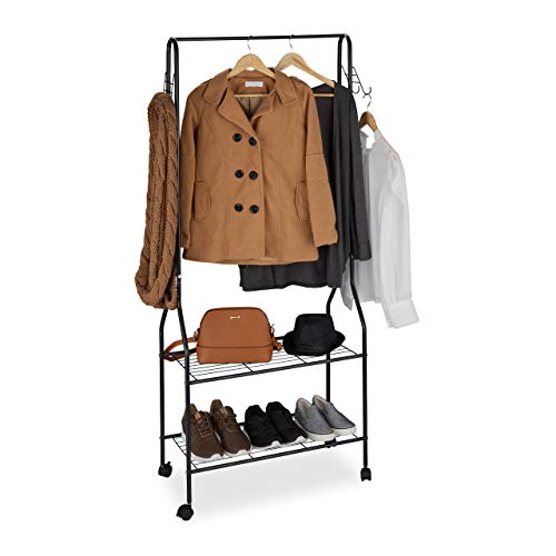 Relaxdays Rollgarderobe, mit 2 Ablagen f. Schuhe, Taschen, Accessoires, Haken, Metall, stabiler Kleiderständer, schwarz von Relaxdays