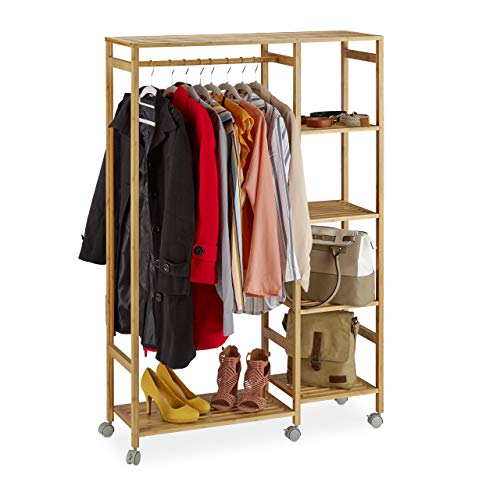 Relaxdays Rollgarderobe Bambus, mobiler Kleiderständer, 6 Ablagen, offen, Garderobenstange, HBT 136,5 x 32 x 11cm, natur von Relaxdays