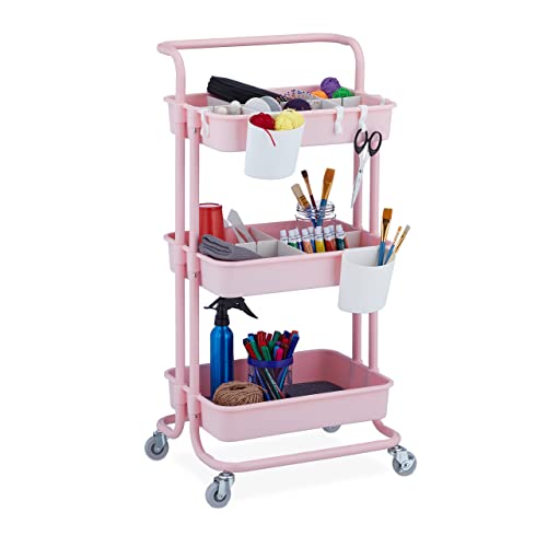 Relaxdays Rollwagen, 3 Etagen, Allzweckwagen, Hobby, Büro, Bad, Küchenwagen HBT: 86x43x42 cm, Metall & Kunststoff, rosa von Relaxdays