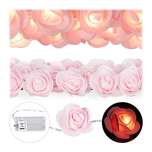 Relaxdays Rosen Lichterkette, 20er LED Lichterkette Batterie, Hochzeit, Verlobung & Valentinstag, warmweiß, Deko, rosa von Relaxdays