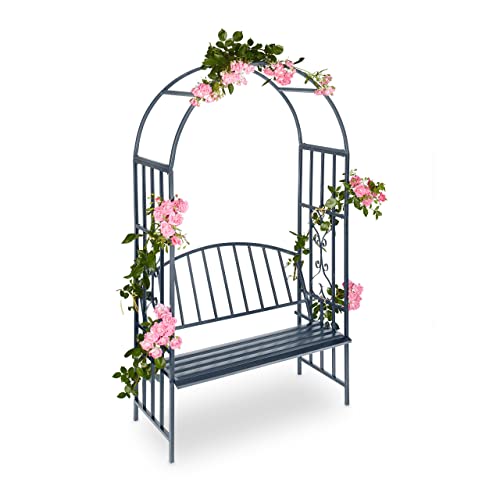 Relaxdays Rosenbogen mit Bank, robustes Metall, 2-Sitzer Deko-Gartenbank, Rankhilfe, HxBxT: 205 x 115 x 50 cm, Anthrazit von Relaxdays
