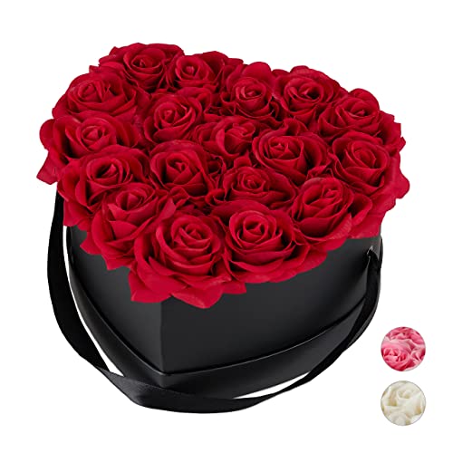 Relaxdays Rosenbox Herz, 18 Rosen, stabile Flowerbox schwarz, 10 Jahre haltbar, Geschenkidee, dekorative Blumenbox, rot, 13 x 21 x 19 cm von Relaxdays