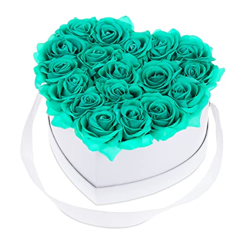 Relaxdays Rosenbox Herz, 18 Rosen, stabile Flowerbox weiß, 10 Jahre haltbar, Geschenkidee, dekorative Blumenbox, türkis, Papier von Relaxdays