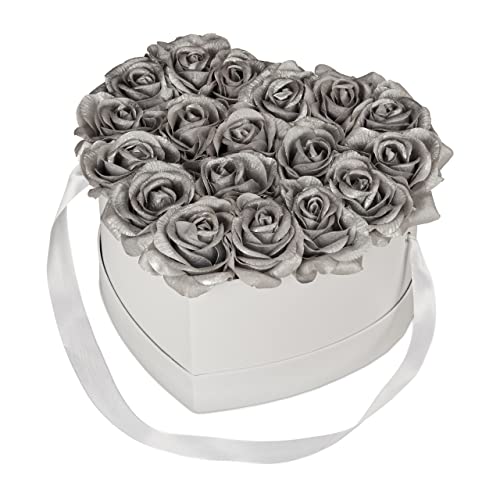 Relaxdays Rosenbox Herz, Flowerbox 18 Rosen, lange haltbar, handgefertigt, Geschenk Muttertag, Valentinstag, weiß/silber von Relaxdays