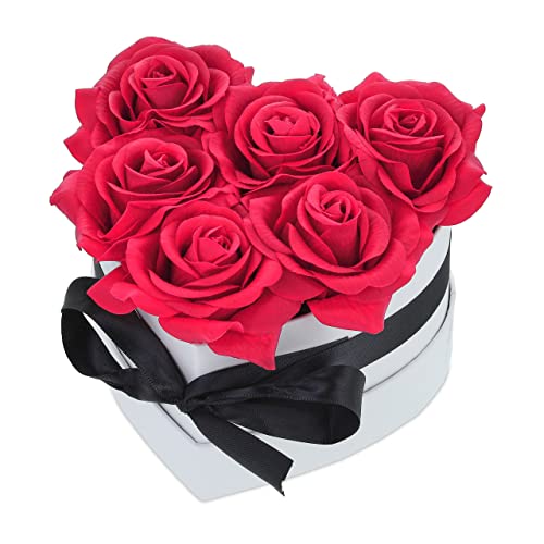 Relaxdays Rosenbox Herz, Flowerbox 6 Rosen, edel, Geschenk Muttertag, Valentinstag, handgefertigte Blumenbox, weiß/rot von Relaxdays