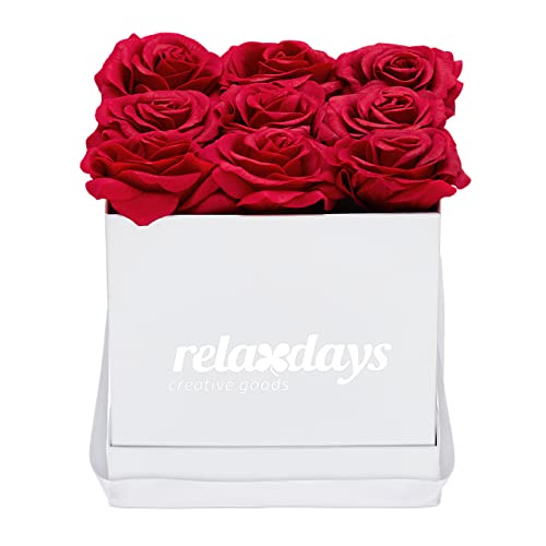 Relaxdays Geschenkbox mit künstlichen Rosenbox eckig, 9 Rosen, stabile Flowerbox weiß, Lange haltbar, Geschenkidee, dekorative Blumenbox, rot, 50% Papier 30% Polyester 20% Kunststoff von Relaxdays
