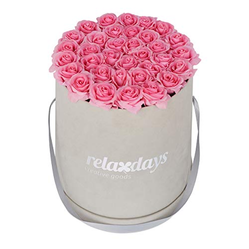 Relaxdays Rosenbox rund, 34 Rosen, stabile Flowerbox grau, Lange haltbar, Geschenkidee, dekorative Blumenbox, rosa, Karton, Stoff, PP, 33 x 32 x 32 cm von Relaxdays