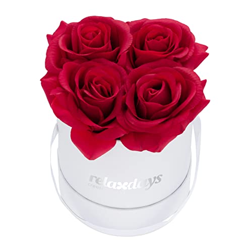 Relaxdays Rosenbox rund, 4 Rosen, stabile Flowerbox weiß, 10 Jahre haltbar, Geschenkidee, dekorative Blumenbox, rot von Relaxdays