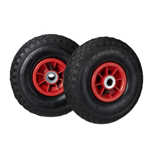Relaxdays Sackkarrenrad 3.00-4, 2er Set Ersatzreifen, luftbereift, bis 80 kg, Kunststofffelge, 260x85 mm, schwarz-rot von Relaxdays