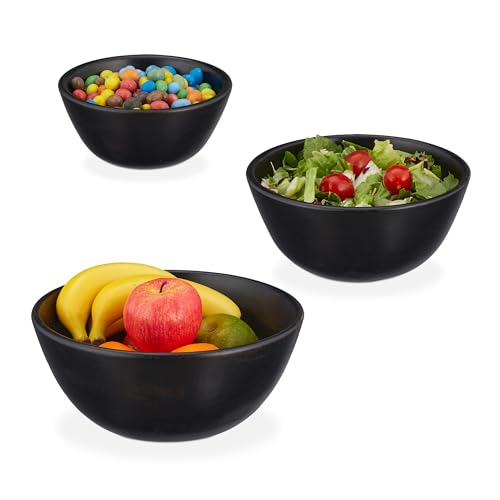 Relaxdays Salatschüssel, 3er Set, Mangoholz, Ø 18, 23 und 28 cm, Servierschüsseln für Salat, Snacks, Obstschale, schwarz von Relaxdays