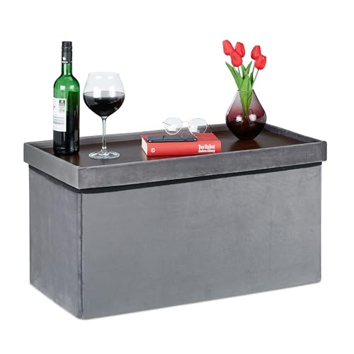 Relaxdays Samtbank mit Stauraum, Tablett im Deckel, faltbar, gepolsterte Truhenbank, Samt Sitzbank, HBT 42x76x38cm, grau, 1 Stück von Relaxdays