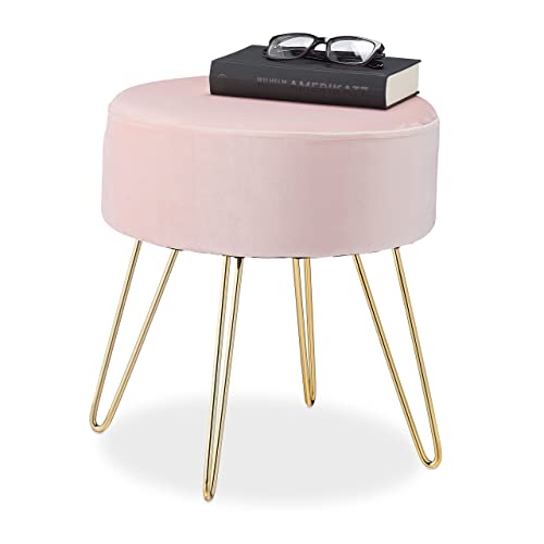 Relaxdays Samthocker, rund, eleganter Polsterhocker, goldene Metallbeine, modern, Sitzhocker Samt, HxD: 40 x 40 cm, rosa, 1 Stück von Relaxdays