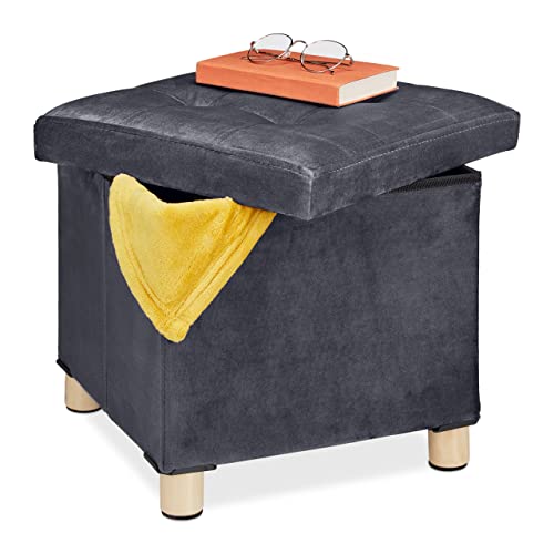Relaxdays Samthocker mit Stauraum, Tablett im Deckel, mit Holzbeinen, eckiger Sitzhocker, HBT: 35x38x38 cm, dunkelgrau von Relaxdays