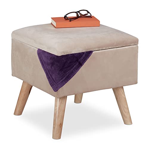 Relaxdays Samthocker mit Stauraum, gepolstert, eckig, mit Holzbeinen, Wohnzimmer Sitzhocker, HBT: 40x40x40 cm, Creme von Relaxdays
