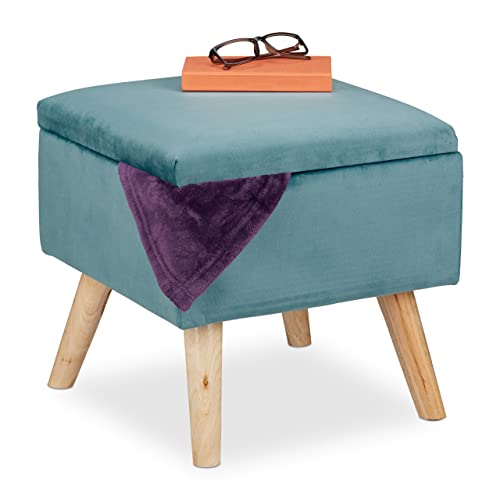 Relaxdays Samthocker mit Stauraum, gepolstert, eckig, mit Holzbeinen, Wohnzimmer Sitzhocker, HBT: 40x40x40 cm, türkis von Relaxdays