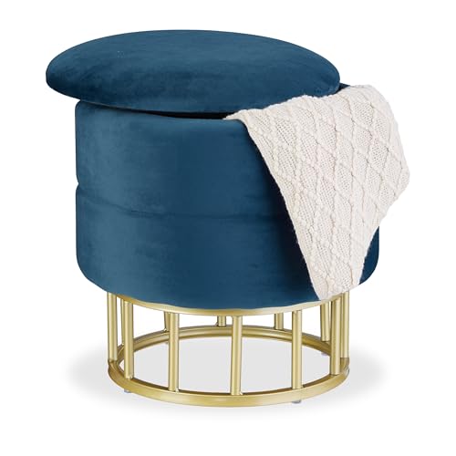 Relaxdays Samthocker mit Stauraum, runder Sitzhocker, gepolstert, Wohnzimmer, H x D: 40 x 40 cm, Hocker Samt, blau/Gold von Relaxdays