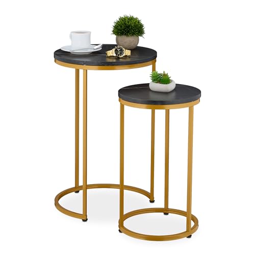 Relaxdays Satztisch, 2er Set, 2 Größen, Marmoroptik, Metall, runde Beistelltische, Wohnzimmer Couchtisch, schwarz/Gold von Relaxdays