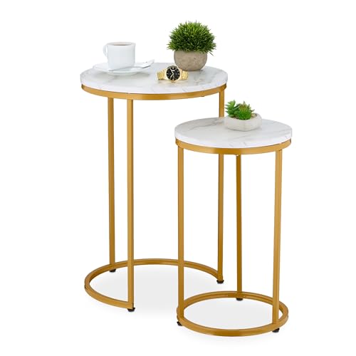Relaxdays Satztisch, 2er Set, 2 Größen, Marmoroptik, Metall, runde Beistelltische, Wohnzimmer Couchtisch, weiß/Gold von Relaxdays