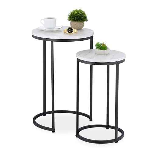 Relaxdays Satztisch, 2er Set, 2 Größen, Marmoroptik, Metall, runde Beistelltische, Wohnzimmer Couchtisch, weiß/schwarz von Relaxdays