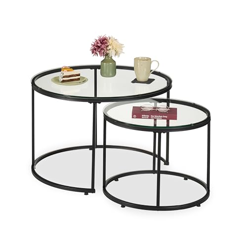 Relaxdays Satztisch, 2er Set, Glas & Metall, runde Beistelltische, für die Couch, Wohnzimmer Tisch, transparent/schwarz Relaxdays Satztisch, 2er Set, Glas & Metall, runde Beistelltische, für die Couch, Wohnzimmer Tisch, transparent/schwarz von Relaxdays
