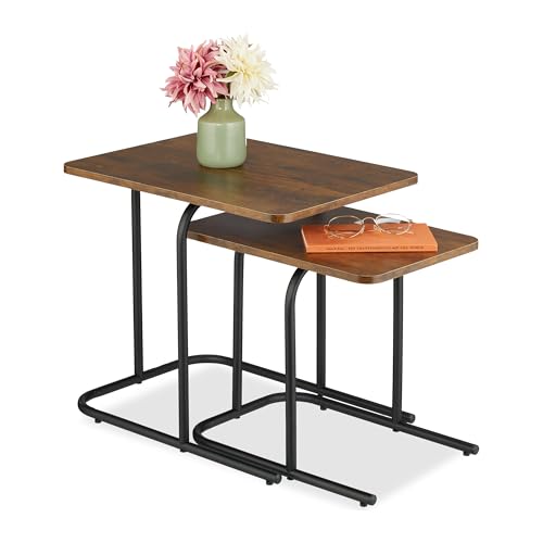 Relaxdays Satztisch, 2er Set, Holzoptik, Metall, Industrial Beistelltisch, Wohnzimmer, Couchtisch, Dunkelbraun/schwarz von Relaxdays