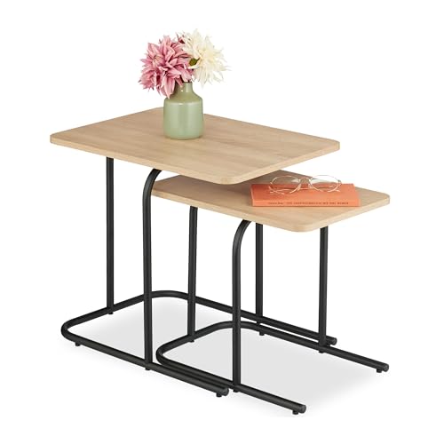 Relaxdays Satztisch, 2er Set, Holzoptik, Metall, eckiger Beistelltisch, Wohnzimmer, Flur, Couchtisch, Hellbraun/schwarz von Relaxdays