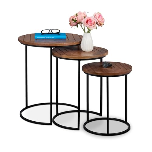 Relaxdays Satztisch, 3er Set, Mangoholz, Eisen, runder Beistelltisch, Wohnzimmer, Flur, Deko, Couchtisch, braun/schwarz von Relaxdays