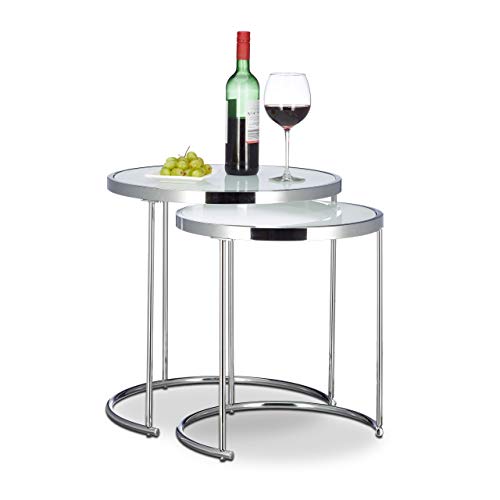 Relaxdays Satztische rund, Chromgestell, 2er Set, modernes Design - Milchglas, Couchtisch Metall, Beistelltische, silber, 50 x 50 x 51 cm von Relaxdays