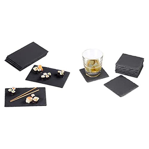 Relaxdays Schieferplatte 6er Set, 26 x 16 cm, zum Servieren & Beschriften, Buffet, Servierplatte rechteckig, anthrazit & grau Getränkeuntersetzer Schiefer 8er Set, quadratisch 10x10 cm von Relaxdays