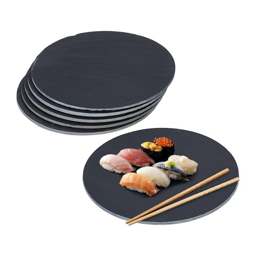 Relaxdays Schieferplatte 6er Set, runde Servierplatte, Durchmesser 25 cm, Servieren von Käse, Sushi, Desserts, schwarz von Relaxdays