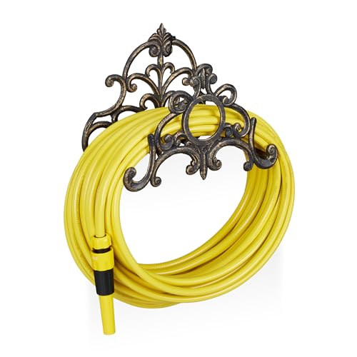 Relaxdays Schlauchhalter, Gartenschlauch Wandhalter in Vintage Look, 20m Schlauch, Gusseisen, HBT 24x31,5x15 cm, bronze von Relaxdays