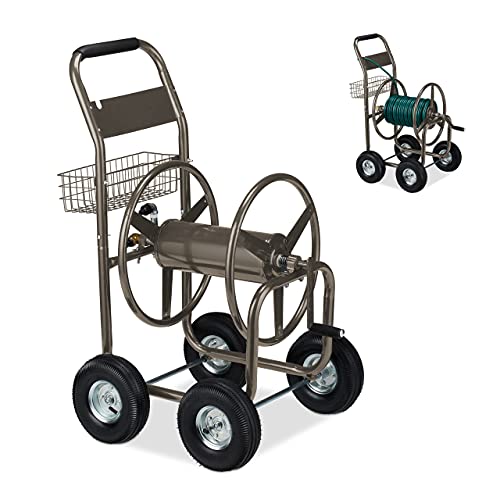 Relaxdays Schlauchwagen, bis 90 m, 4 Luftreifen, Klickkupplung, Schlauchtrommel Metall, Schlauchabroller mit Korb, braun von Relaxdays