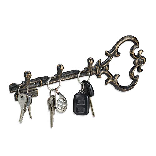 Relaxdays Schlüsselbrett, 3 Haken, dekorative Schlüsselform, Gusseisen, Vintage, HBT 12,5 x 33 x 4,5 cm, schwarz-Gold von Relaxdays