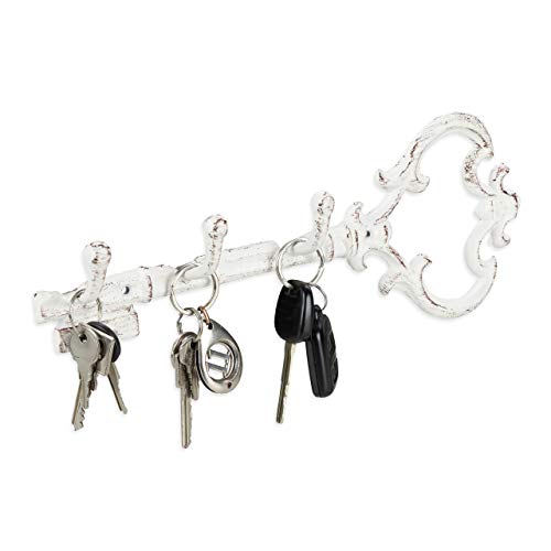Relaxdays Schlüsselbrett, 3 Haken, dekorative Schlüsselform, Gusseisen, Vintage, Shabby, HBT 12,5 x 33 x 4,5 cm, weiß von Relaxdays