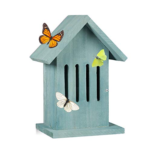 Relaxdays Schmetterlingshaus hängend, Insektenhotel für Garten, Balkon, Distelfalter, HxBxT: 25,5 x 18,5 x 12 cm, türkis von Relaxdays