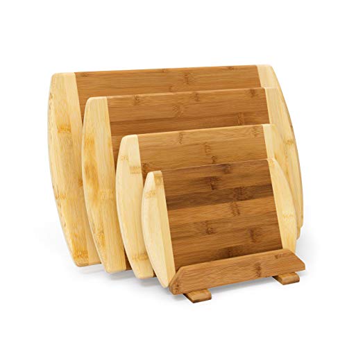 Relaxdays Schneidebrett aus Bambus 4-er Set mit Ständer Küchenbretter in verschiedenen Größen 2-farbiges Holz beidseitig nutzbar und messerschonend als Frühstücksbrettchen und Servierbrett Holz, natur von Relaxdays