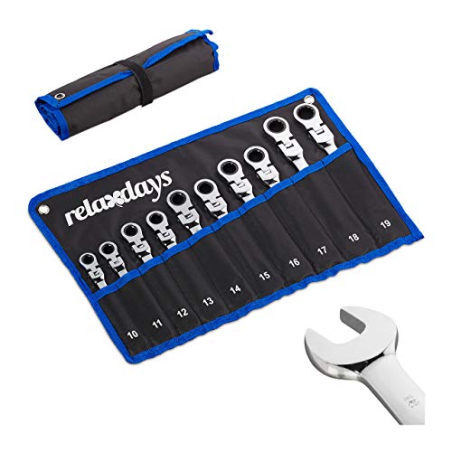 Relaxdays Schraubenschlüssel Set 10-teilig, Maul- & Ringschlüssel mit Ratsche & Gelenk, 10-19 mm, mit Tasche, schwarz von Relaxdays