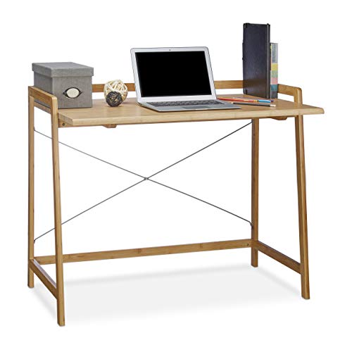 Relaxdays Schreibtisch Holz, moderner Computertisch mit Kreuzstrebe für Jugendliche, Bambus, HBT 80 x 98,5 x 59 cm, natur von Relaxdays