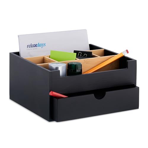 Relaxdays Schreibtisch Organizer, 1 Schublade, 6 Fächer, Bambus, HxBxT: 13x26x23,5 cm, Büro-Organisator, schwarz/Natur von Relaxdays