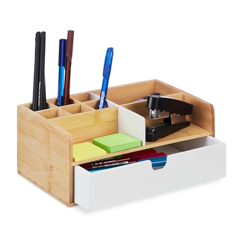Relaxdays Schreibtisch Organizer, 1 Schublade, 9 Fächer, Bambus, HxBxT: 10 x 25 x 15,5 cm, Büro-Organisator, Natur/weiß von Relaxdays
