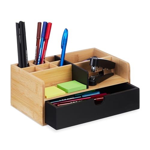 Relaxdays Schreibtisch Organizer, 1 Schublade, 9 Fächer, Bambus, HxBxT: 10 x 25 x 15,5 cm, Büroorganizer, Natur/schwarz von Relaxdays