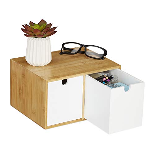 Relaxdays Schreibtisch Organizer, 2 Schubfächer, Bambus & MDF, Aufbewahrungsbox Büro, HxBxT: 14,5 x 24,5 x 20 cm, weiß, 1 Stück von Relaxdays