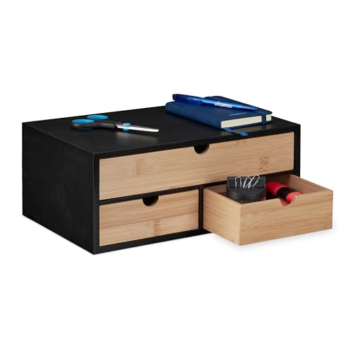 Relaxdays Schreibtisch Organizer, 3 Schubladen, Bambus & MDF, Schreibtischbutler Büro, HBT: 13,5x33x21 cm, Natur/schwarz von Relaxdays