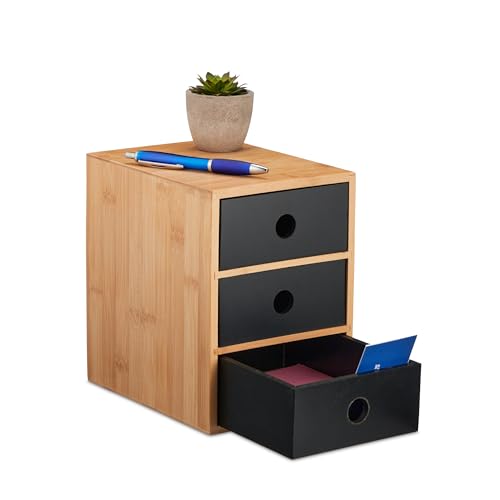 Relaxdays Schreibtisch Organizer, 3 Schubladen, Bambus & MDF, Schreibtischbutler Büro, HBT: 21x15x20 cm, Natur/schwarz von Relaxdays