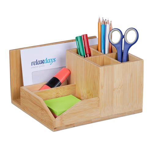 Relaxdays Schreibtisch Organizer, Bambus 7 Fächer, für Stifte, Dokumente, HxBxT: 11 x 21 x 19 cm, Stiftehalter, Natur von Relaxdays